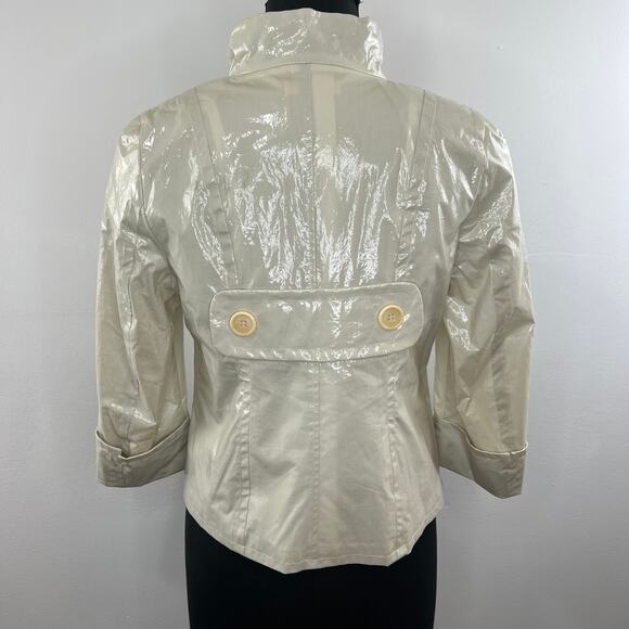 ST. EMILE Beige Ivory Coated Cotton High Shine 2-Button Short Jacket Pockets 8 - Picture 4 of 8
